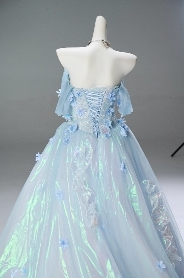 Adorable A-Line Off-Shoulder Pleated Evening Gowns Dreamy Sequins Handmade Flowers Ruffles Prom Dress AP3845