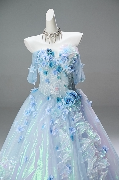 Adorable A-Line Off-Shoulder Pleated Evening Gowns Dreamy Sequins Handmade Flowers Ruffles Prom Dress AP3845