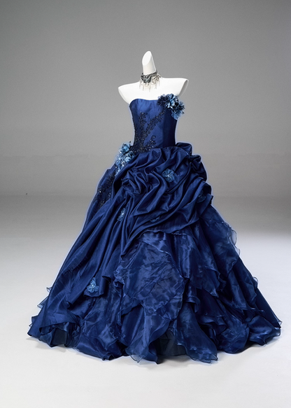 Stylish A-Line Strapless Sweet 16th Gowns Elegant Sequins Handmade Flowers Beads Prom Dress AP3848