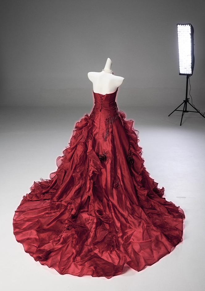 Flattering A-Line Strapless Sweet 16th Gowns Red Sequins Embroidery Handmade Flowers Beads Ruffles Tulle Prom Dress AP3849