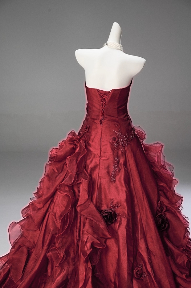 Flattering A-Line Strapless Sweet 16th Gowns Red Sequins Embroidery Handmade Flowers Beads Ruffles Tulle Prom Dress AP3849