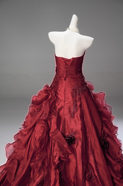 Flattering A-Line Strapless Sweet 16th Gowns Red Sequins Embroidery Handmade Flowers Beads Ruffles Tulle Prom Dress AP3849