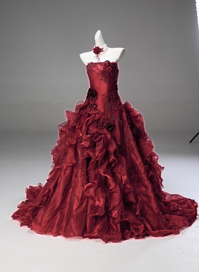 Flattering A-Line Strapless Sweet 16th Gowns Red Sequins Embroidery Handmade Flowers Beads Ruffles Tulle Prom Dress AP3849