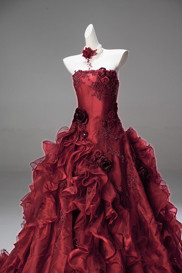 Flattering A-Line Strapless Sweet 16th Gowns Red Sequins Embroidery Handmade Flowers Beads Ruffles Tulle Prom Dress AP3849