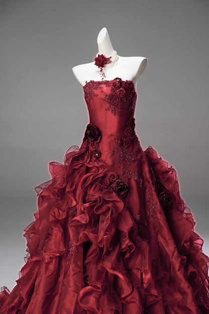 Flattering A-Line Strapless Sweet 16th Gowns Red Sequins Embroidery Handmade Flowers Beads Ruffles Tulle Prom Dress AP3849