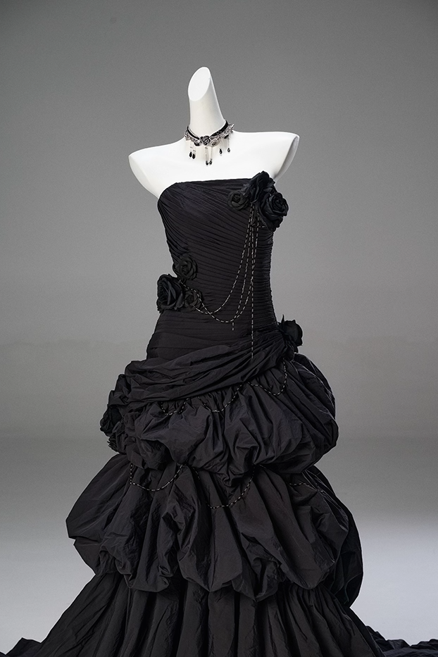 Trendy Strapless Mermaid Tiered Evening Gowns Black Handmade Flowers Beading Pleated Prom Dress AP3850