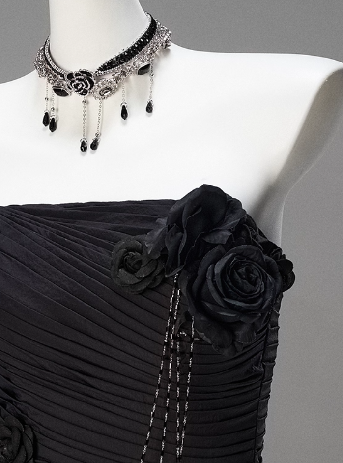 Trendy Strapless Mermaid Tiered Evening Gowns Black Handmade Flowers Beading Pleated Prom Dress AP3850