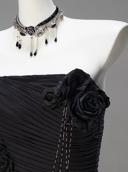 Trendy Strapless Mermaid Tiered Evening Gowns Black Handmade Flowers Beading Pleated Prom Dress AP3850