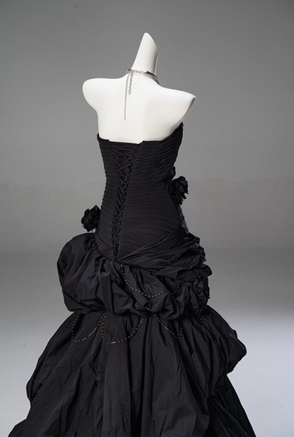 Trendy Strapless Mermaid Tiered Evening Gowns Black Handmade Flowers Beading Pleated Prom Dress AP3850