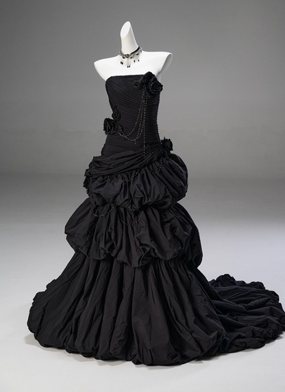 Trendy Strapless Mermaid Tiered Evening Gowns Black Handmade Flowers Beading Pleated Prom Dress AP3850