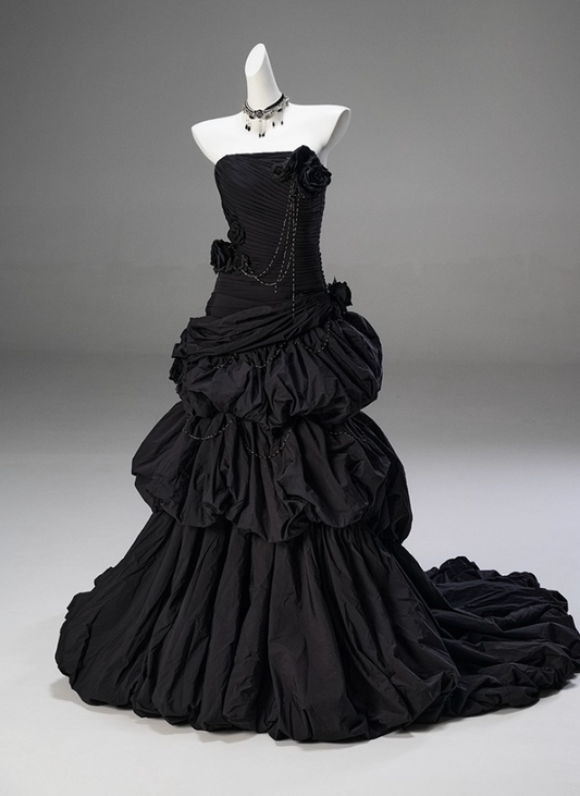 Trendy Strapless Mermaid Tiered Evening Gowns Black Handmade Flowers Beading Pleated Prom Dress AP3850