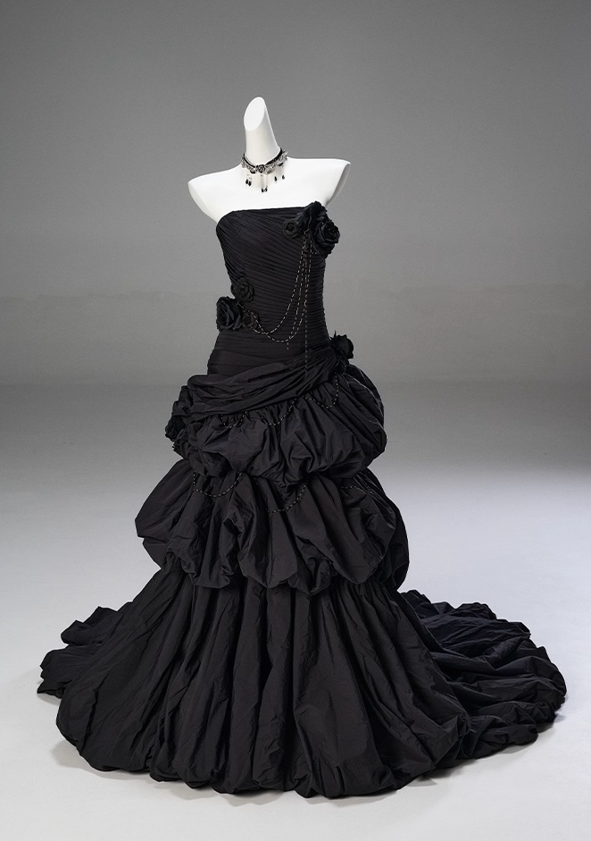 Trendy Strapless Mermaid Tiered Evening Gowns Black Handmade Flowers Beading Pleated Prom Dress AP3850