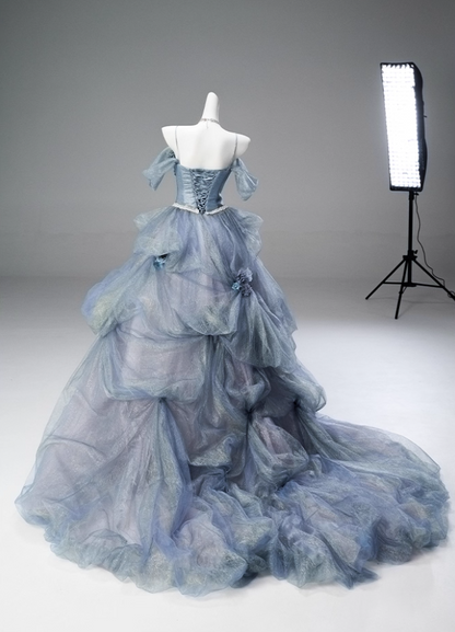 Attractive A-Line Off-Shoulder Evening Gowns Appliques Handmade Flowers Ruched Tulle Prom Dress AP3851