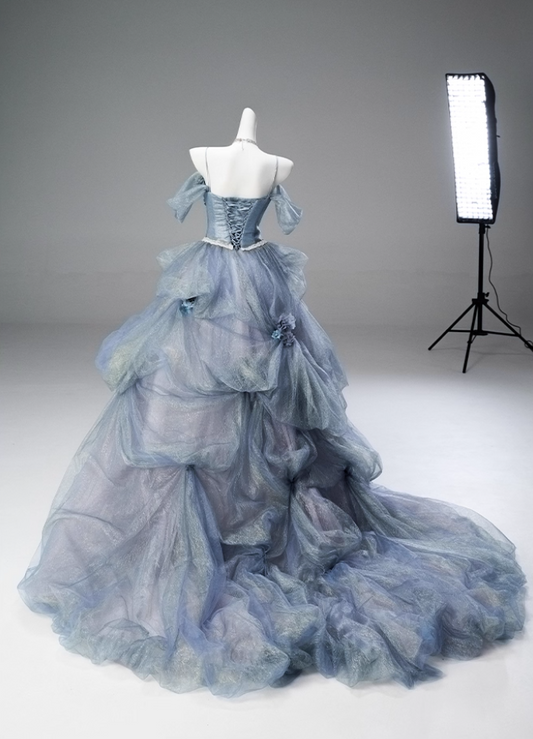 Attractive A-Line Off-Shoulder Evening Gowns Appliques Handmade Flowers Ruched Tulle Prom Dress AP3851