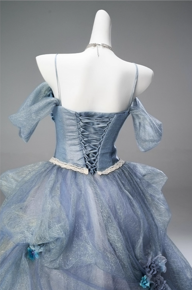 Attractive A-Line Off-Shoulder Evening Gowns Appliques Handmade Flowers Ruched Tulle Prom Dress AP3851