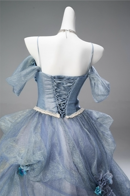 Attractive A-Line Off-Shoulder Evening Gowns Appliques Handmade Flowers Ruched Tulle Prom Dress AP3851