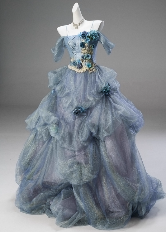 Attractive A-Line Off-Shoulder Evening Gowns Appliques Handmade Flowers Ruched Tulle Prom Dress AP3851