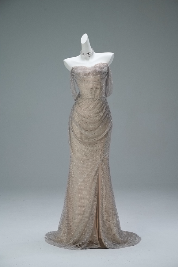 Sexy Sheath Off-Shoulder Slit Sweet 16 Evening Dress Sequins Mesh Ruched Prom Dress AP3852