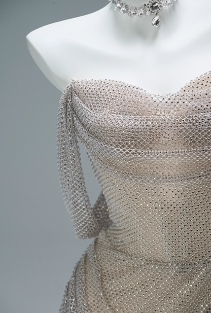 Sexy Sheath Off-Shoulder Slit Sweet 16 Evening Dress Sequins Mesh Ruched Prom Dress AP3852