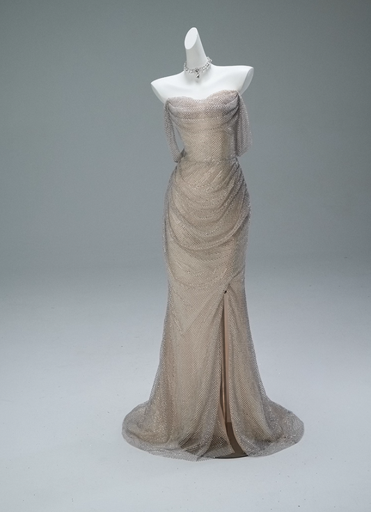 Sexy Sheath Off-Shoulder Slit Sweet 16 Evening Dress Sequins Mesh Ruched Prom Dress AP3852