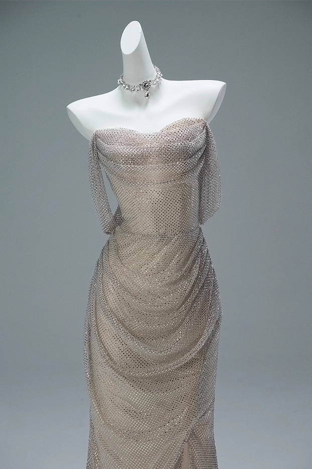 Sexy Sheath Off-Shoulder Slit Sweet 16 Evening Dress Sequins Mesh Ruched Prom Dress AP3852