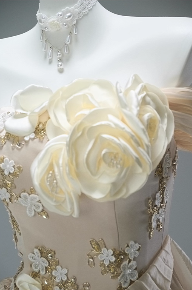 Vogue A-Line Off-Shoulder Tiered Evening Gowns Romantic 3D Floral Ruffles Tulle Handmade Flowers Appliques Sequins Beads Prom Dress AP3853