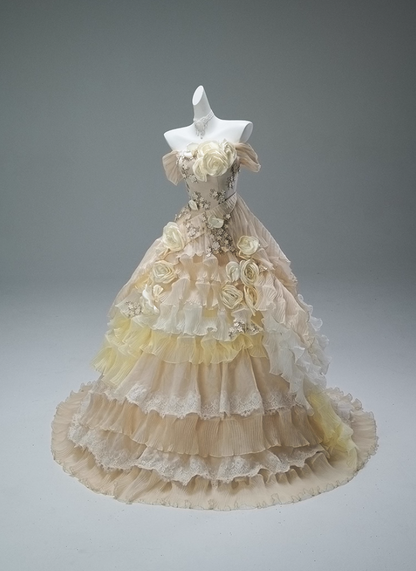 Vogue A-Line Off-Shoulder Tiered Evening Gowns Romantic 3D Floral Ruffles Tulle Handmade Flowers Appliques Sequins Beads Prom Dress AP3853