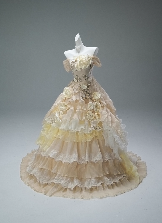 Vogue A-Line Off-Shoulder Tiered Evening Gowns Romantic 3D Floral Ruffles Tulle Handmade Flowers Appliques Sequins Beads Prom Dress AP3853