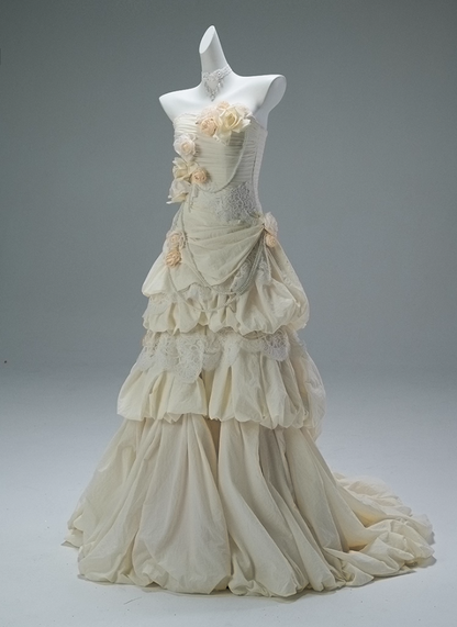 Glittering Strapless Mermaid Evening Gowns Refined Beading Handmade Flowers Lace Prom Dress AP3854