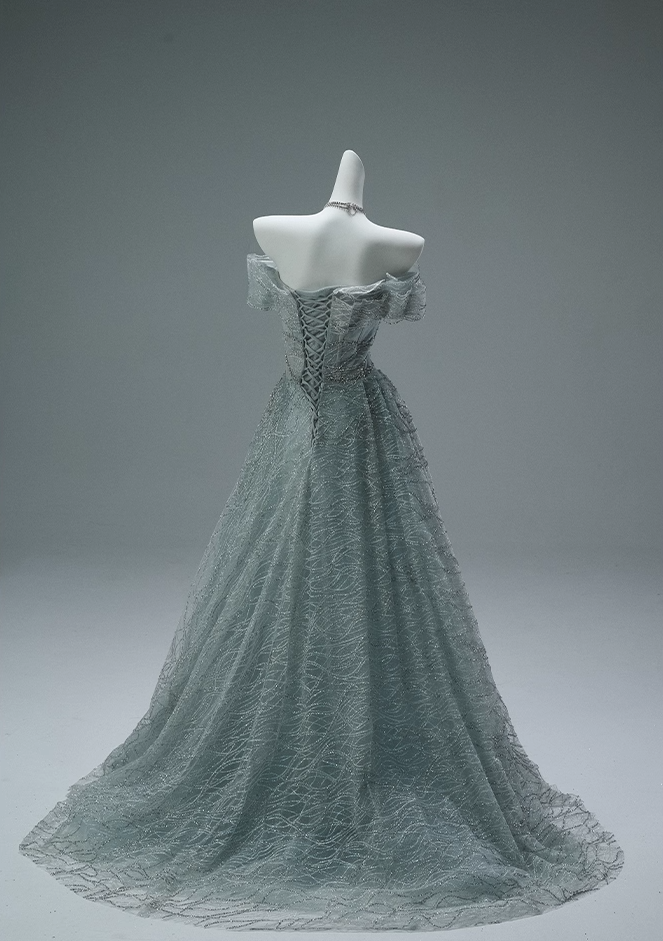 Modern A-Line Off-Shoulder Evening Gowns Exquisite Sequins Crystals Ruffles Tulle Prom Dress AP3855