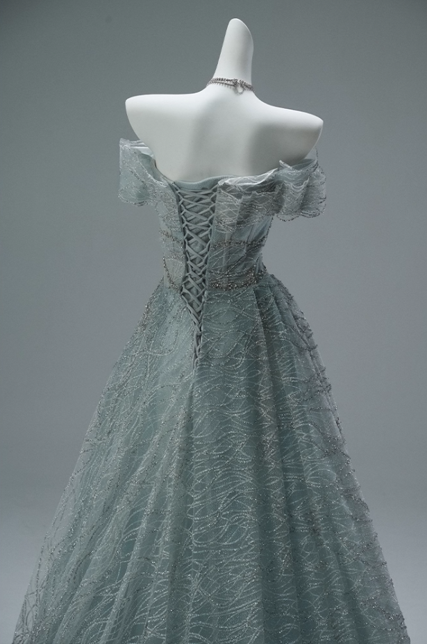 Modern A-Line Off-Shoulder Evening Gowns Exquisite Sequins Crystals Ruffles Tulle Prom Dress AP3855