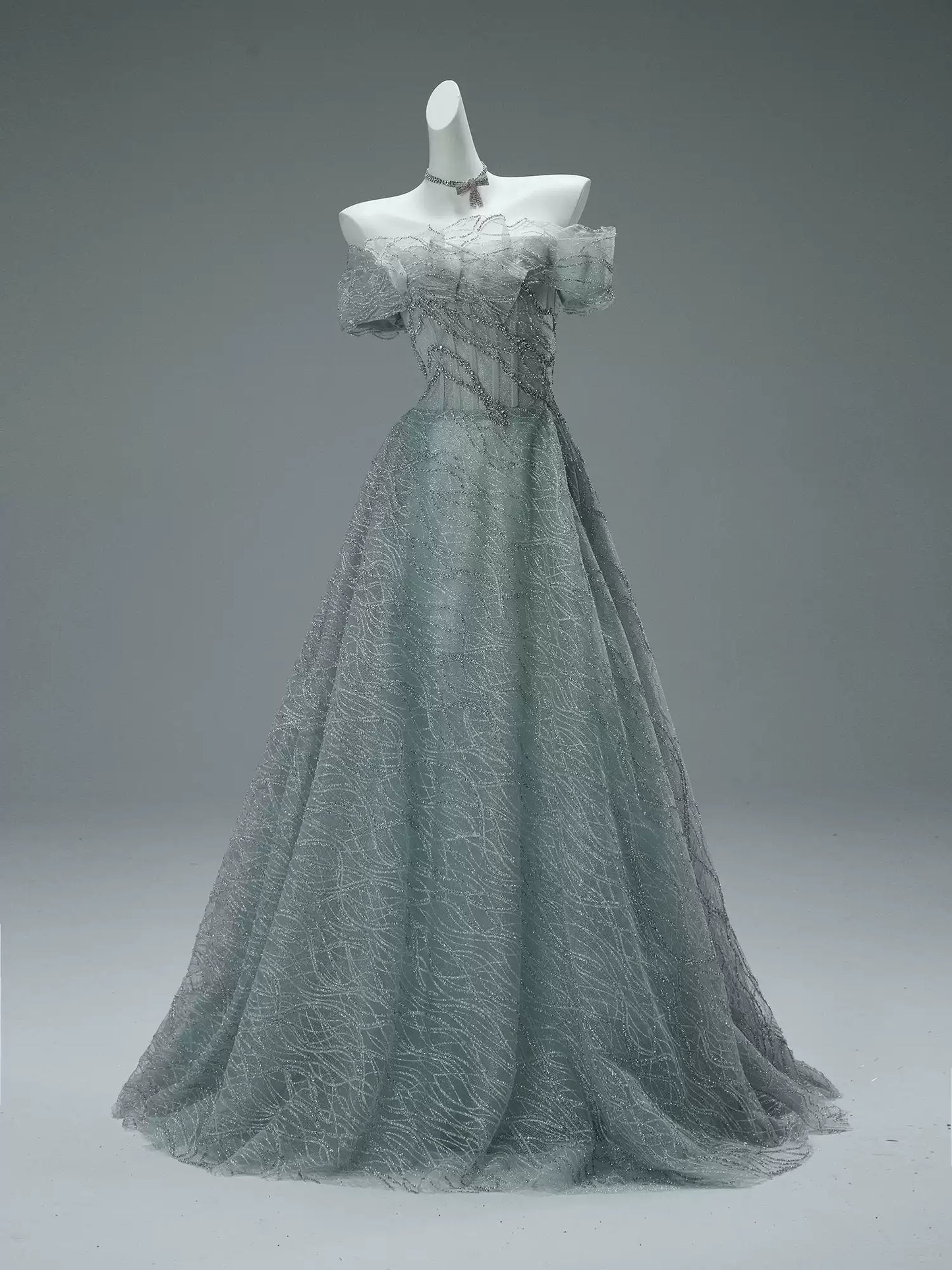 Modern A-Line Off-Shoulder Evening Gowns Exquisite Sequins Crystals Ruffles Tulle Prom Dress AP3855