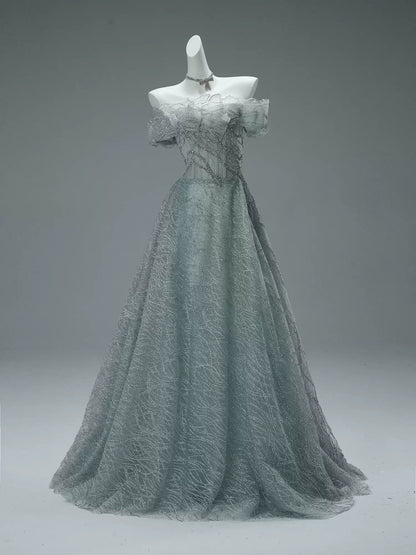 Modern A-Line Off-Shoulder Evening Gowns Exquisite Sequins Crystals Ruffles Tulle Prom Dress AP3855