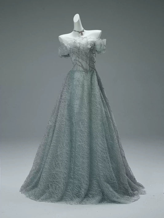 Modern A-Line Off-Shoulder Evening Gowns Exquisite Sequins Crystals Ruffles Tulle Prom Dress AP3855