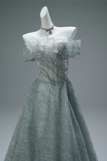 Modern A-Line Off-Shoulder Evening Gowns Exquisite Sequins Crystals Ruffles Tulle Prom Dress AP3855