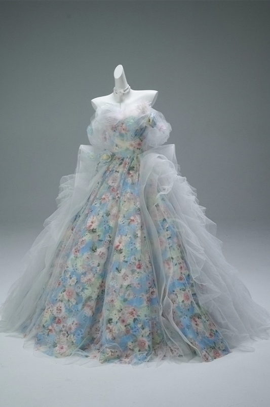 Princess A-Line Off-Shoulder Floral Print Evening Gowns Adorable Handmade Flowers Beading Layered Tulle Prom Dress AP3856