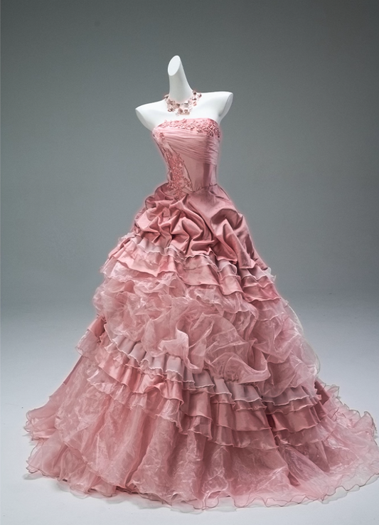 Fancy A-Line Strapless Sweet 16th Gowns Dramatic Appliques Beads Tulle Tiered Prom Dress AP3859