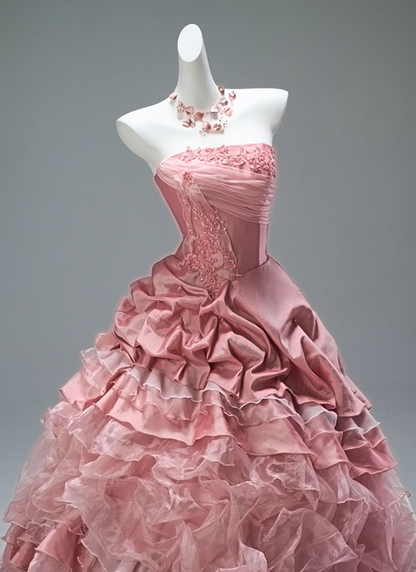 Fancy A-Line Strapless Sweet 16th Gowns Dramatic Appliques Beads Tulle Tiered Prom Dress AP3859