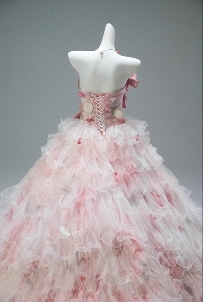 Delicate A-Line Off-Shoulder Tiered Tulle Evening Gowns Trendy Appliques Beads Handmade Flowers Prom Dress AP3860