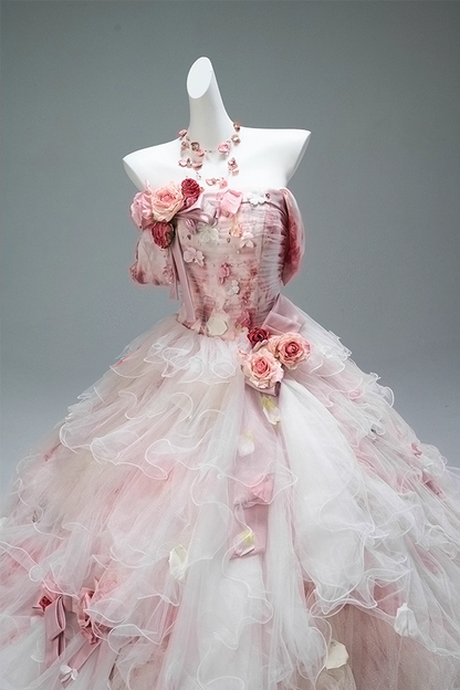 Delicate A-Line Off-Shoulder Tiered Tulle Evening Gowns Trendy Appliques Beads Handmade Flowers Prom Dress AP3860