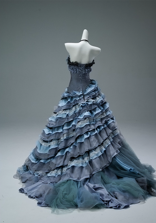 Hot Girls A-Line Strapless Tiered Sweet 16th Gowns Handmade Flowers Beads Lace Ruffles Prom Dress AP3861