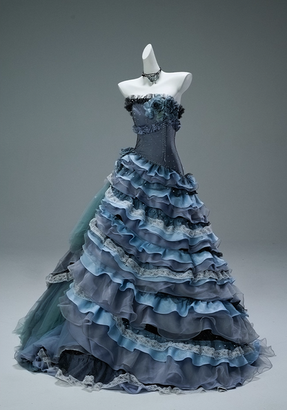 Hot Girls A-Line Strapless Tiered Sweet 16th Gowns Handmade Flowers Beads Lace Ruffles Prom Dress AP3861