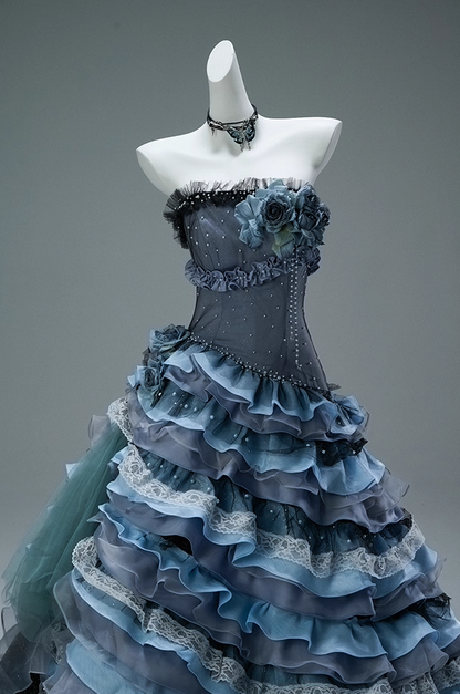 Hot Girls A-Line Strapless Tiered Sweet 16th Gowns Handmade Flowers Beads Lace Ruffles Prom Dress AP3861