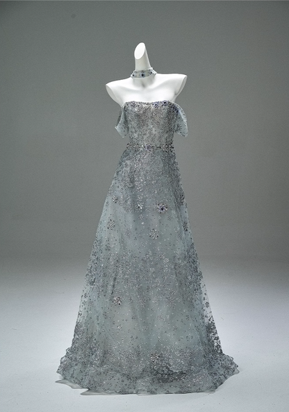 Gen Z Style A-Line Off-Shoulder Tulle Evening Gowns Fancy Beads Crystals Sequins Prom Dress AP3862