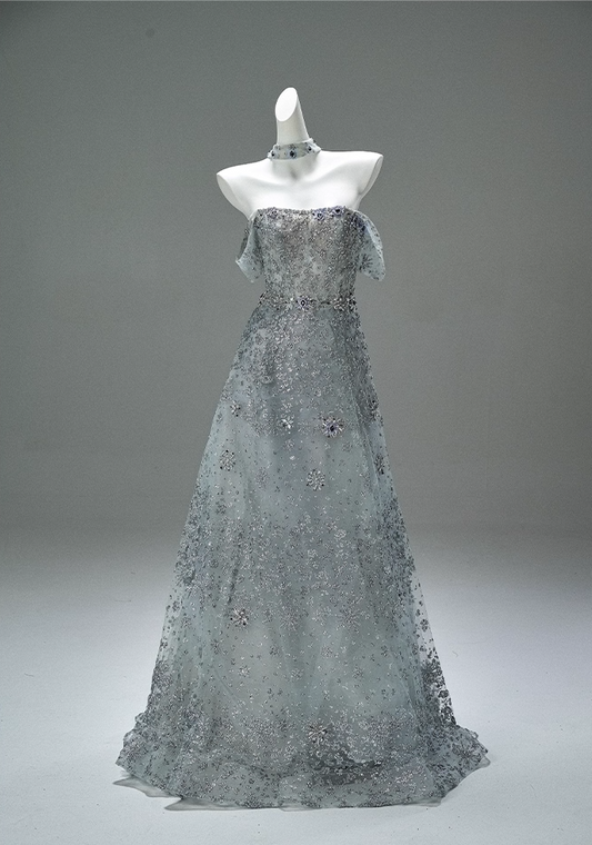 Gen Z Style A-Line Off-Shoulder Tulle Evening Gowns Fancy Beads Crystals Sequins Prom Dress AP3862