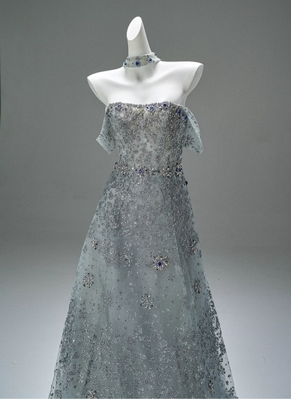 Gen Z Style A-Line Off-Shoulder Tulle Evening Gowns Fancy Beads Crystals Sequins Prom Dress AP3862