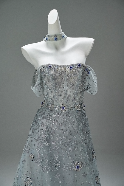 Gen Z Style A-Line Off-Shoulder Tulle Evening Gowns Fancy Beads Crystals Sequins Prom Dress AP3862