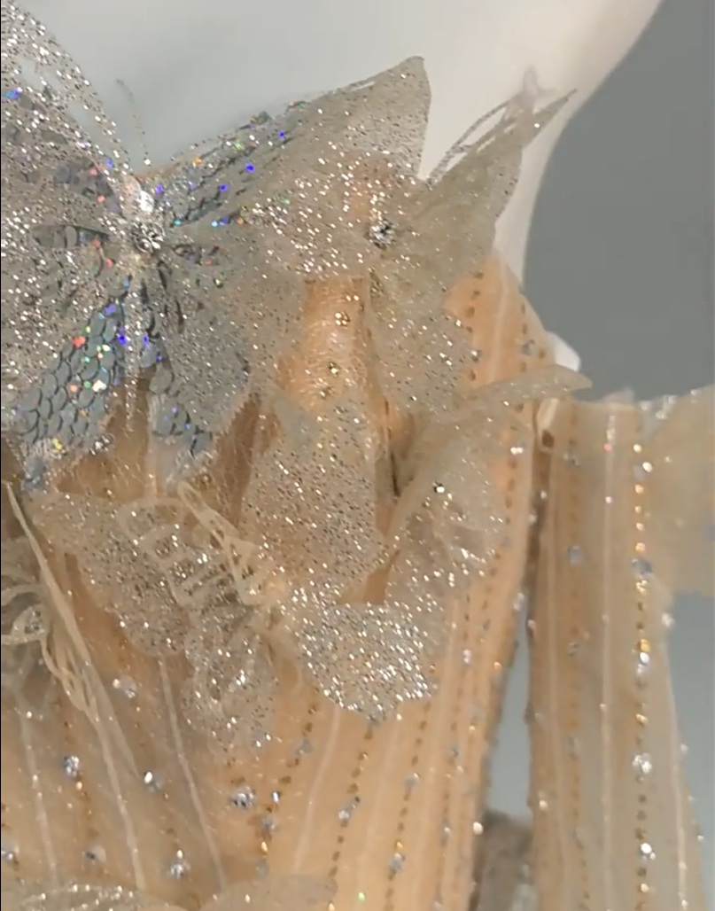 Casual A-Line Off-Shoulder Evening Gowns French-Inspired Sequins Beads Butterflies Long Sleeve Prom Dress AP3864