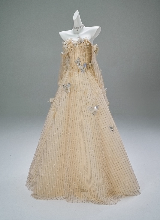 Casual A-Line Off-Shoulder Evening Gowns French-Inspired Sequins Beads Butterflies Long Sleeve Prom Dress AP3864