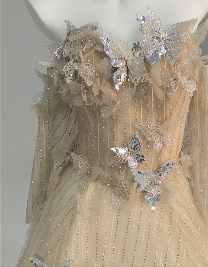 Casual A-Line Off-Shoulder Evening Gowns French-Inspired Sequins Beads Butterflies Long Sleeve Prom Dress AP3864